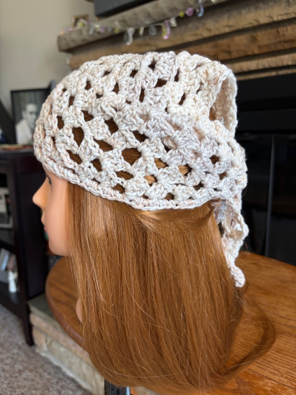 Handmade Crochet Triangle Hair Scarf - Cream - Picture 6 of 6